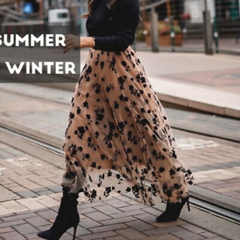 Floral Tulle Mesh Midi Skirt